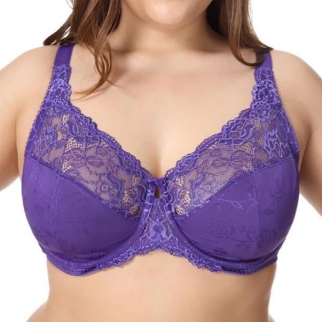 Large Cup Jacquard Non-Padded Sheer Lace - Dark Violet - Plus Size Bra - Jacquard Lace Large Cup Non-Padded