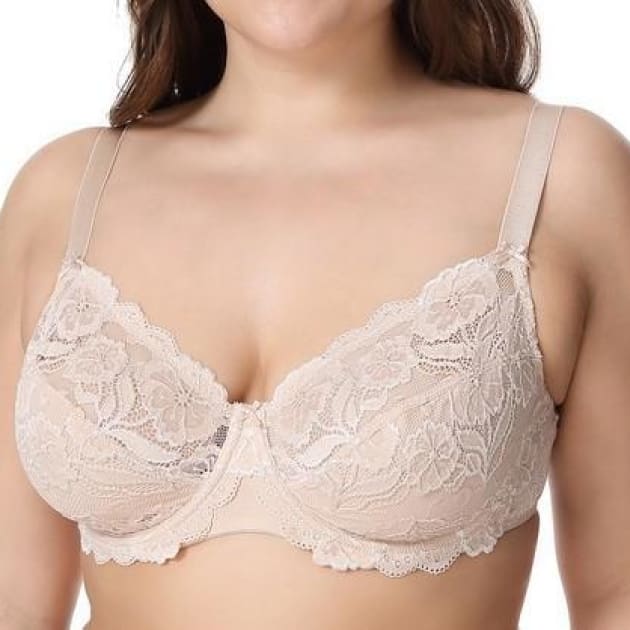 Non-Padded Floral Embroidery Lace - Beige - Plus Size Bra - Lace Non-Padded Unlined