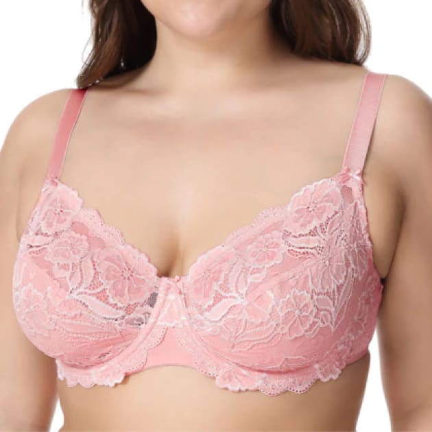 Non-Padded Floral Embroidery Lace - Pink - Plus Size Bra - Lace Non-Padded Unlined