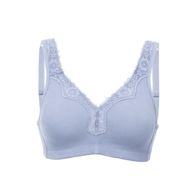Lace Trim Wire Free Cotton Bra - Corn Flower Blue - Plus Size Bra - Cotton Full Cup Lace Non-Padded Unlined
