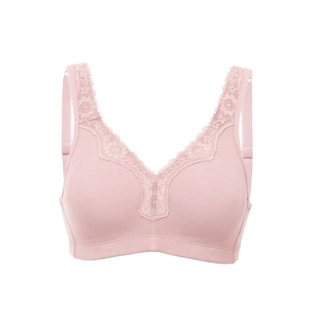 Lace Trim Wire Free Cotton Bra - Pink - Plus Size Bra - Cotton Full Cup Lace Non-Padded Unlined