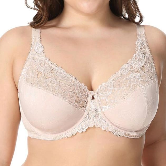Large Cup Jacquard Non-Padded Sheer Lace - Beige - Plus Size Bra - Jacquard Lace Large Cup Non-Padded