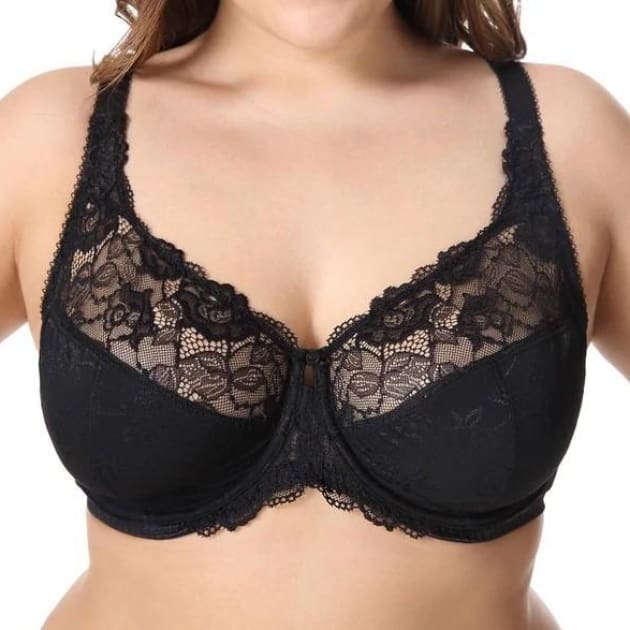 Large Cup Jacquard Non-Padded Sheer Lace - Black - Plus Size Bra - Jacquard Lace Large Cup Non-Padded