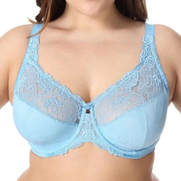 Large Cup Jacquard Non-Padded Sheer Lace - Deep Sky Blue - Plus Size Bra - Jacquard Lace Large Cup Non-Padded