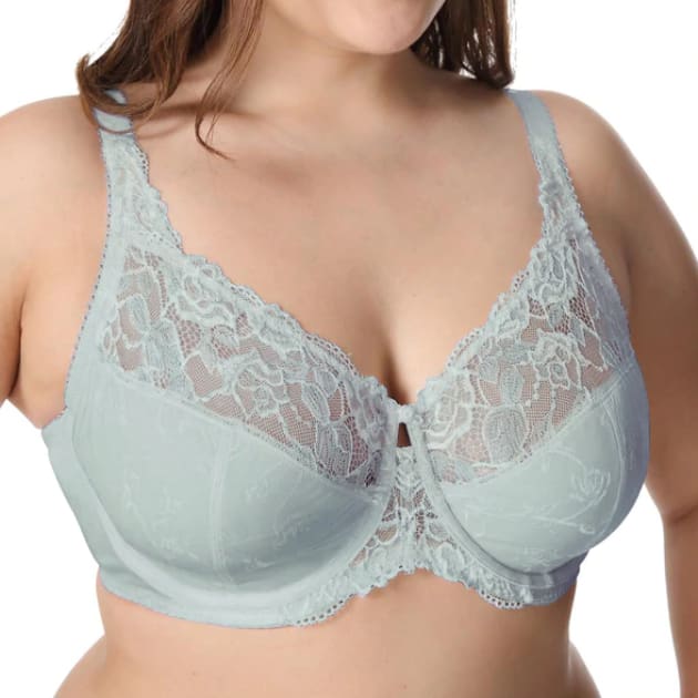 Large Cup Jacquard Non-Padded Sheer Lace - Steel Blue - Plus Size Bra - Jacquard Lace Large Cup Non-Padded