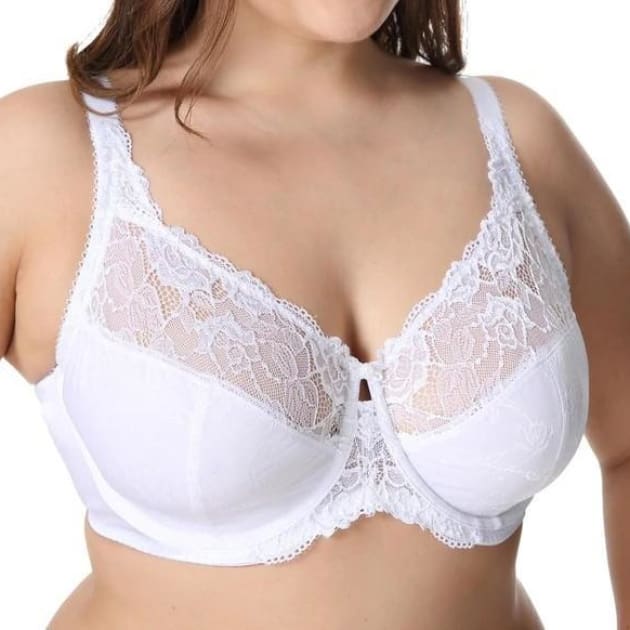 Large Cup Jacquard Non-Padded Sheer Lace - White - Plus Size Bra - Jacquard Lace Large Cup Non-Padded