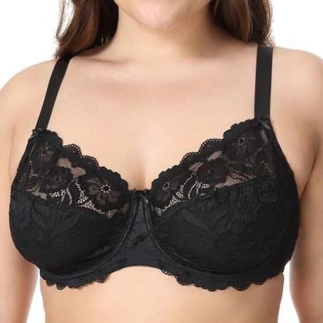 Non-Padded Non-Wired Full Cup Floral Self-Patterned Bra in Black - Lace