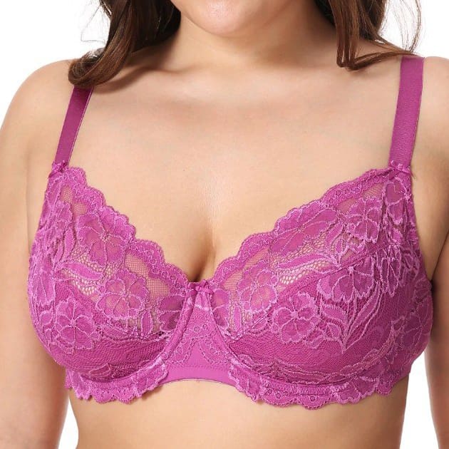 Non-Padded Floral Embroidery Lace - Fuchsia - Plus Size Bra - Lace Non-Padded Unlined