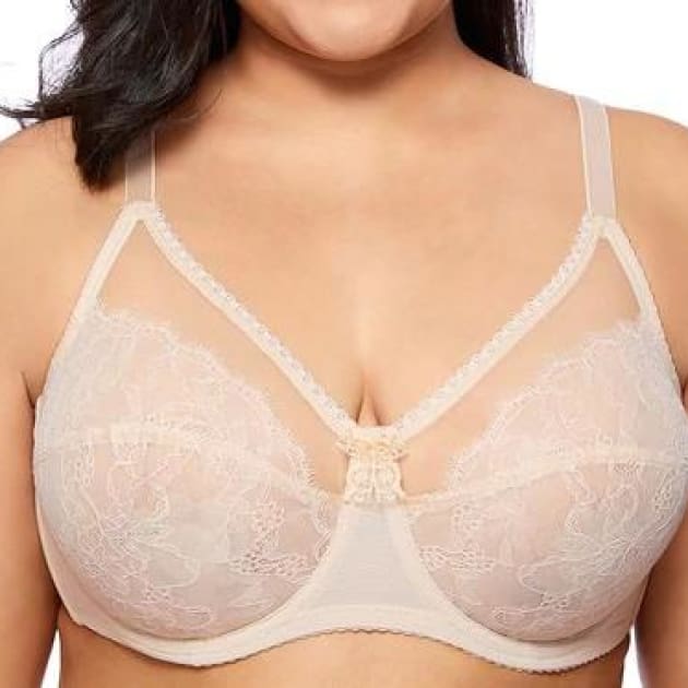Sheer Lace Unlined Underwire Beige Bra - Plus Size Bra - Lace Non-Padded